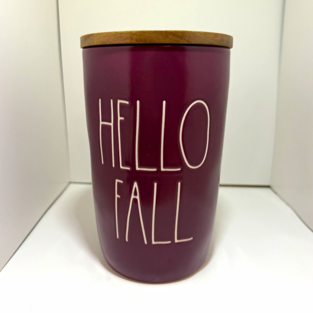 Rae Dunn "HELLO FALL" Maroon Ceramic Canister Jar w/ Wood Lid NWOT